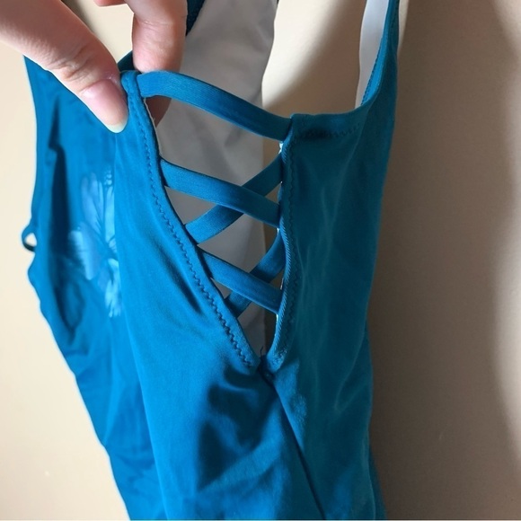 [PINK Victoria's Secret] Teal Blue Scoop Back Hibiscus One Piece Swimsuit - Picture 4 of 8